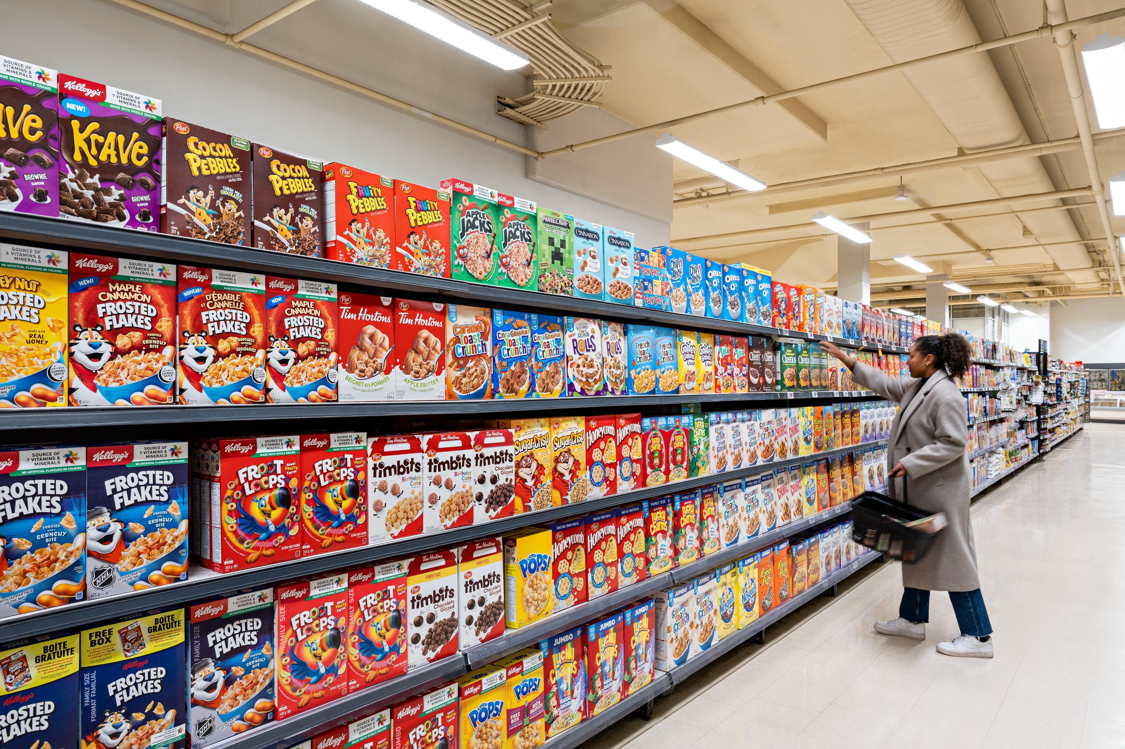 A fully stocked cereal aisle.