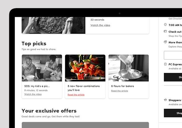Un écran d’ordinateur portable affiche les billets de blogue Meilleurs choix, y compris des titres comme 5 nouvelles combinaisons de saveurs que vous adorerez et 6 farines pour les pâtissiers. 