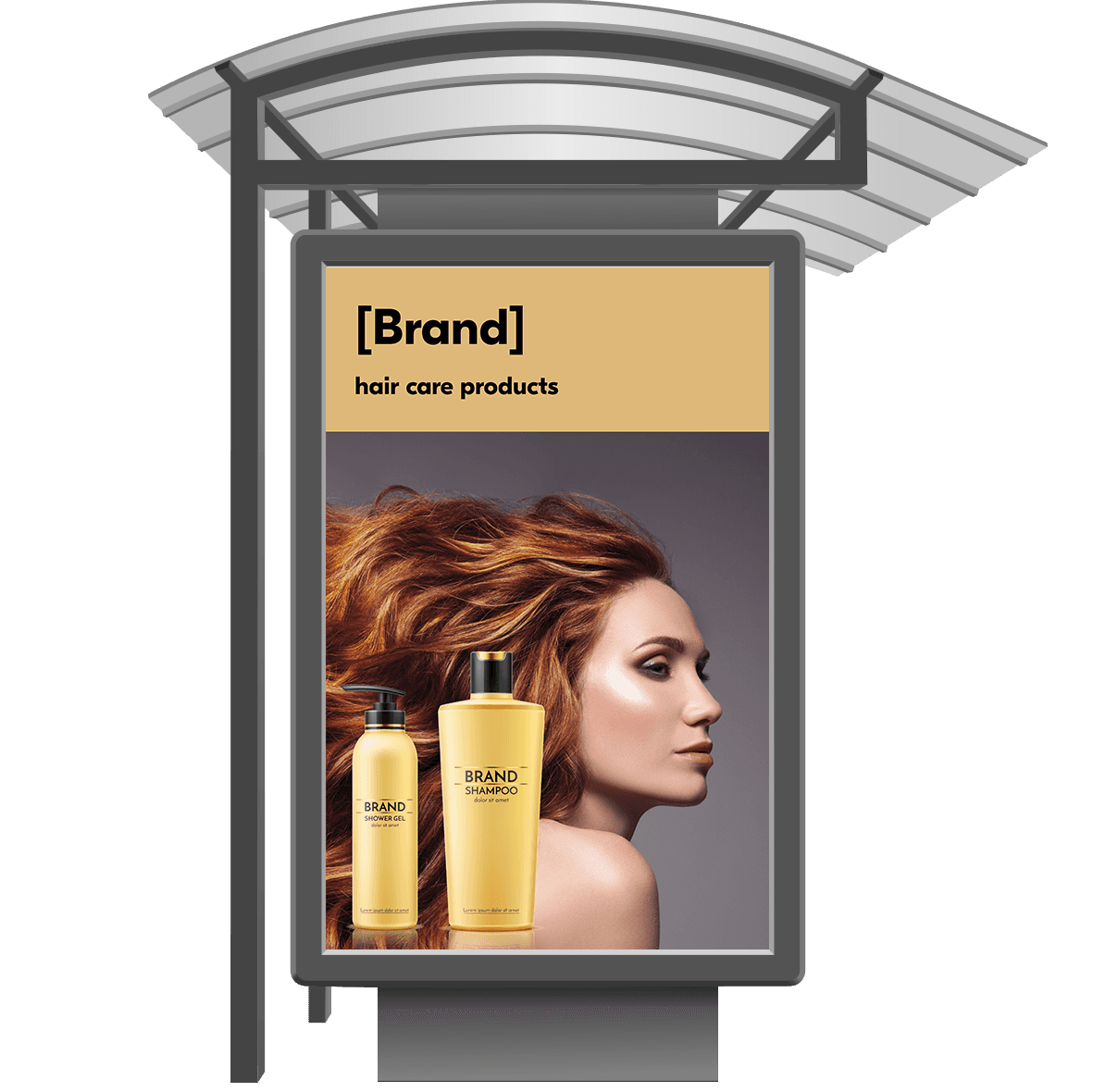 A bus stop advertisement for shampoo and shower gel, featuring a model with flowing red hair. 